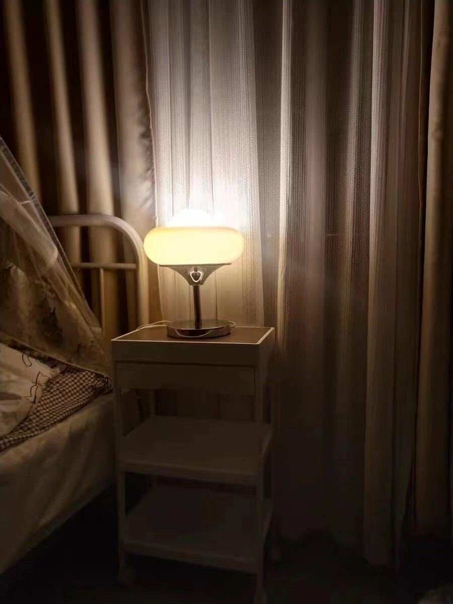 Customer photo review of Chrome and Amber Glass Table Lamp, White Globe, 37 cm High