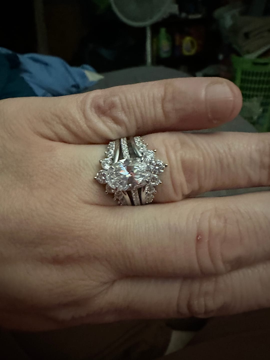 Customer photo review of Exclusive 4.0Ct/5.0Ct Oval Cut Hidden Halo 2PC Enhancer Wedding Ring Set in Sterling Silver