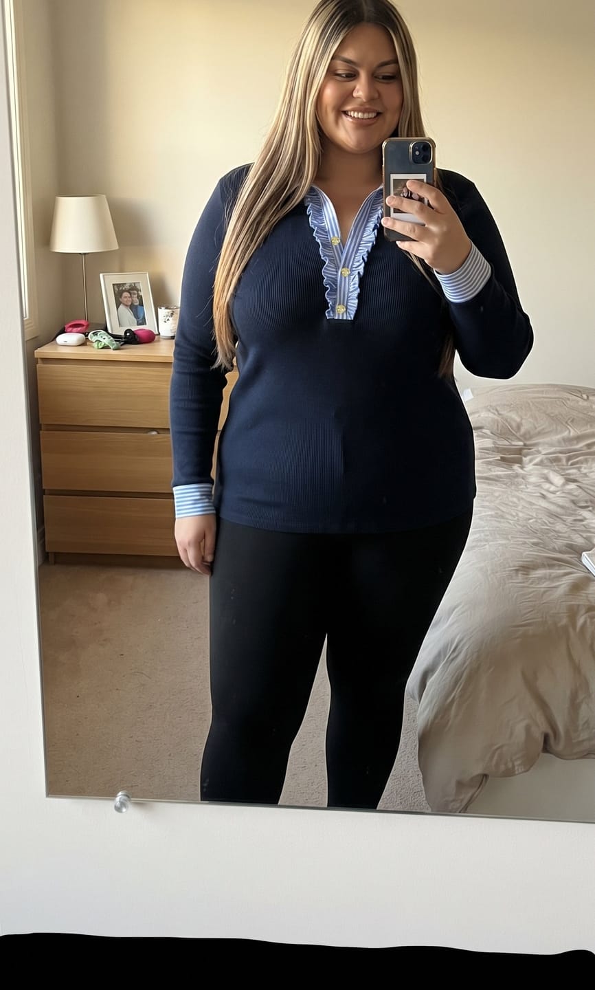Customer photo review of Fold-Over Collar Knit Top with Striped Lettuce-Edge Trim