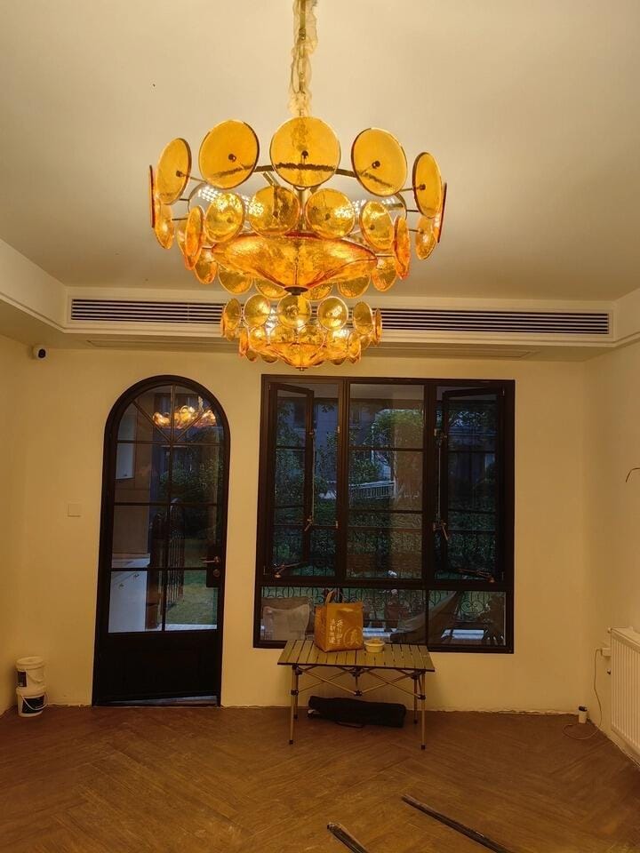 Customer photo review of Gold Pendant Light, Two-Tier Textured Glass Disc Chandelier