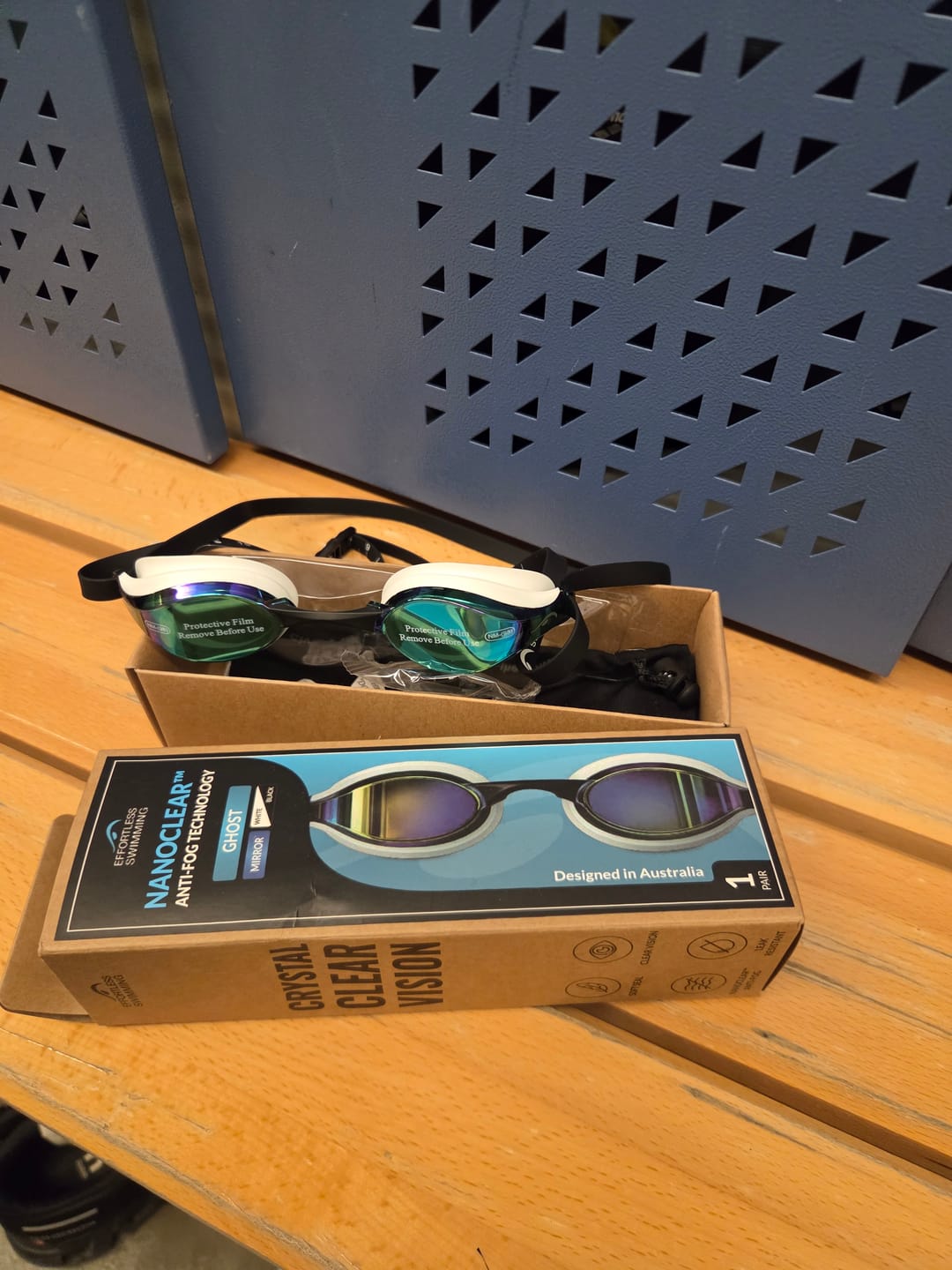 Customer photo review of NanoClear™ Ghost Swim Goggles Blue Mirror - (White/Blue)