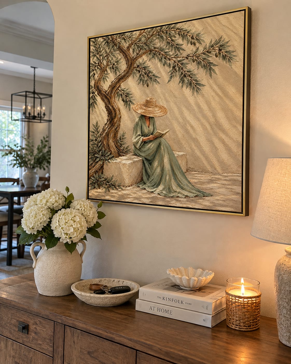 Customer photo review of "Serenade in Olive Shade" – Mediterranean Wabi-Sabi Sage Green Lady Reading Textured Acrylic Painting