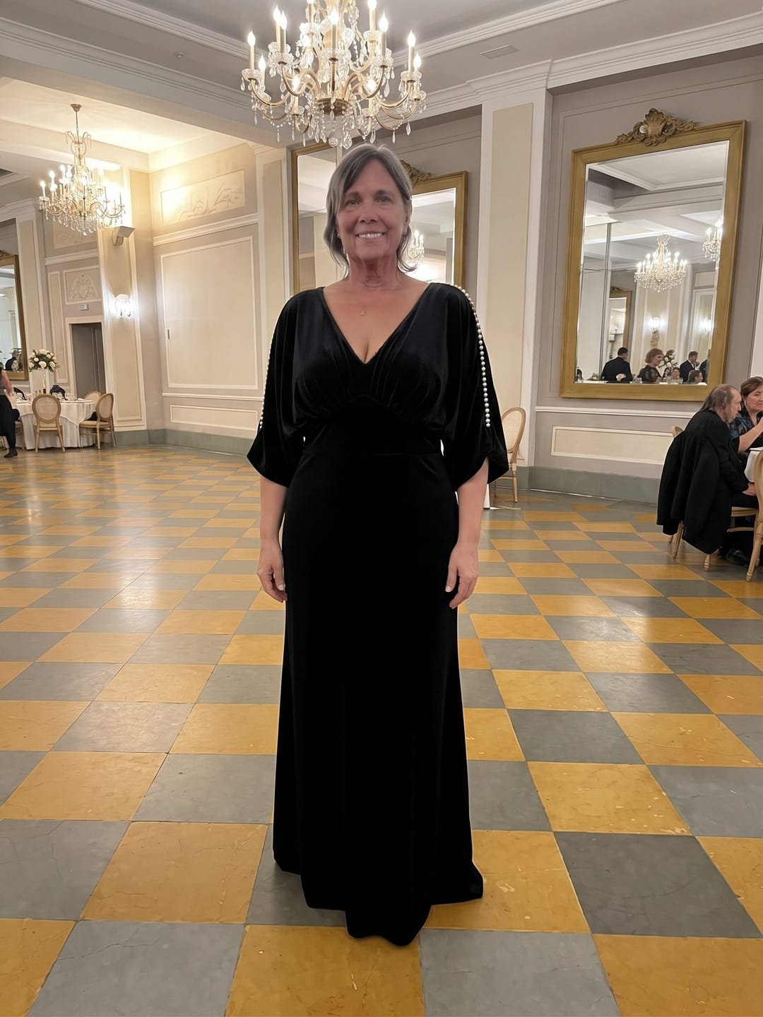 Customer photo review of V-Neck Pearl-Trim Velvet Maxi Dress