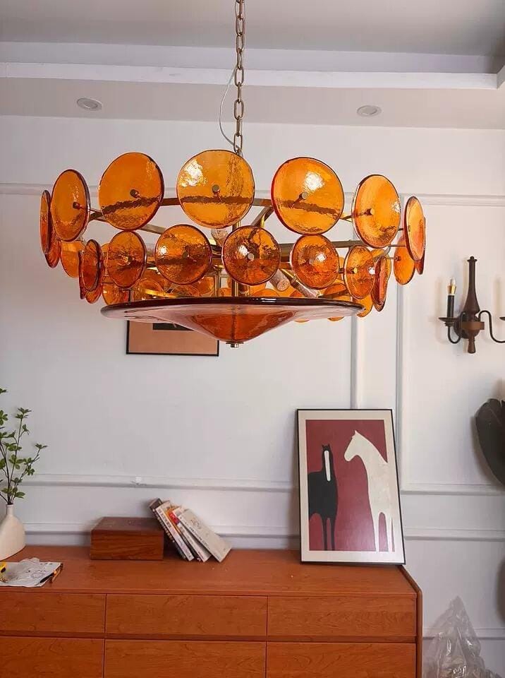 Customer photo review of Gold Pendant Light, Two-Tier Textured Glass Disc Chandelier