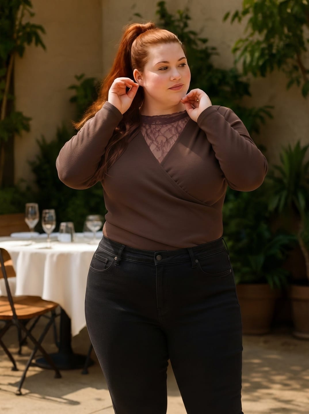 Customer photo review of Wrap-Style Top with Sheer Lace Neckline and Asymmetrical Hem