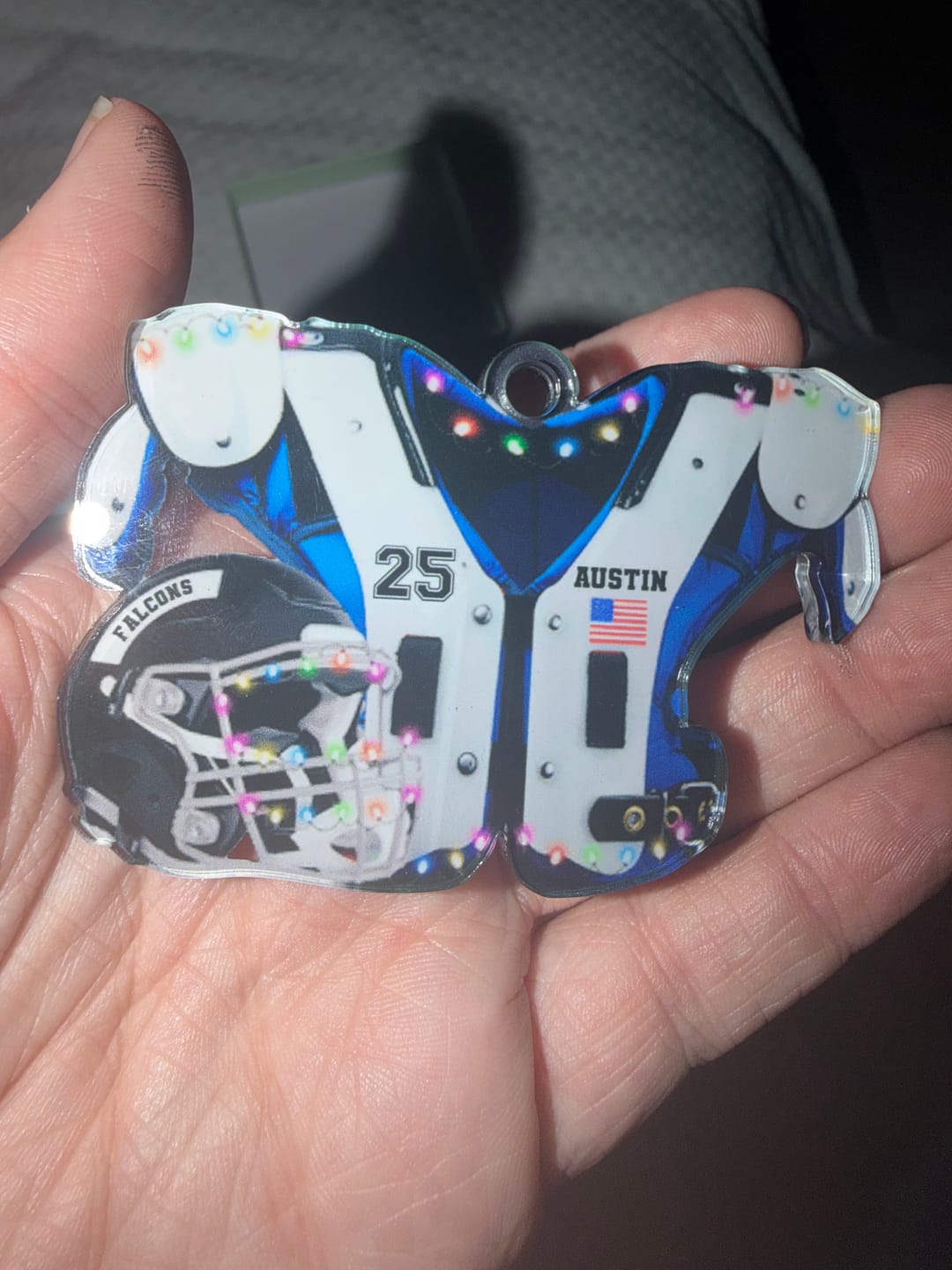 Customer photo review of American Football Shoulder Pads and Helmet Personalized Ornament