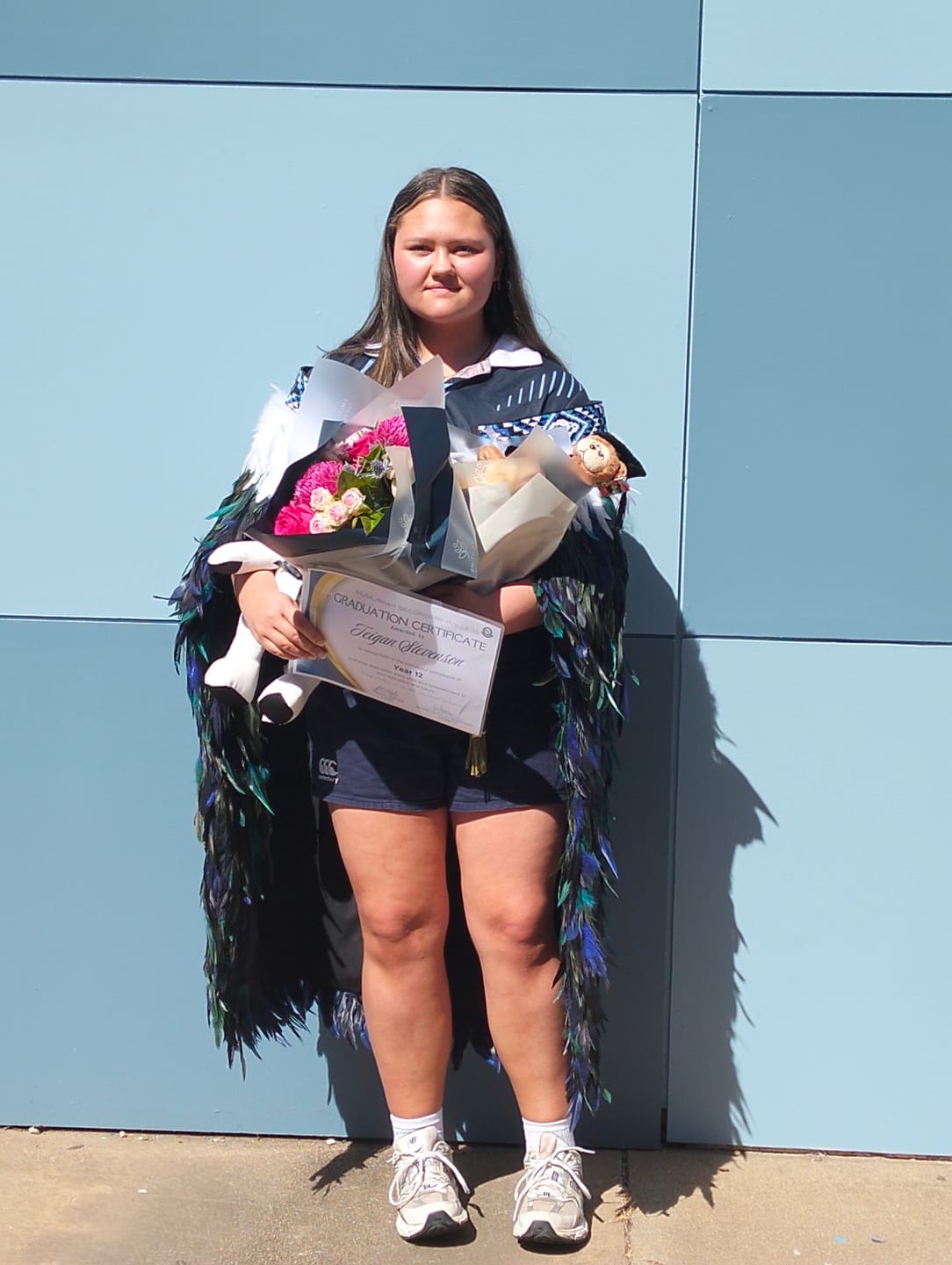Customer photo review of Beautiful Paua Blue Māori Korowai Full Length Cloak