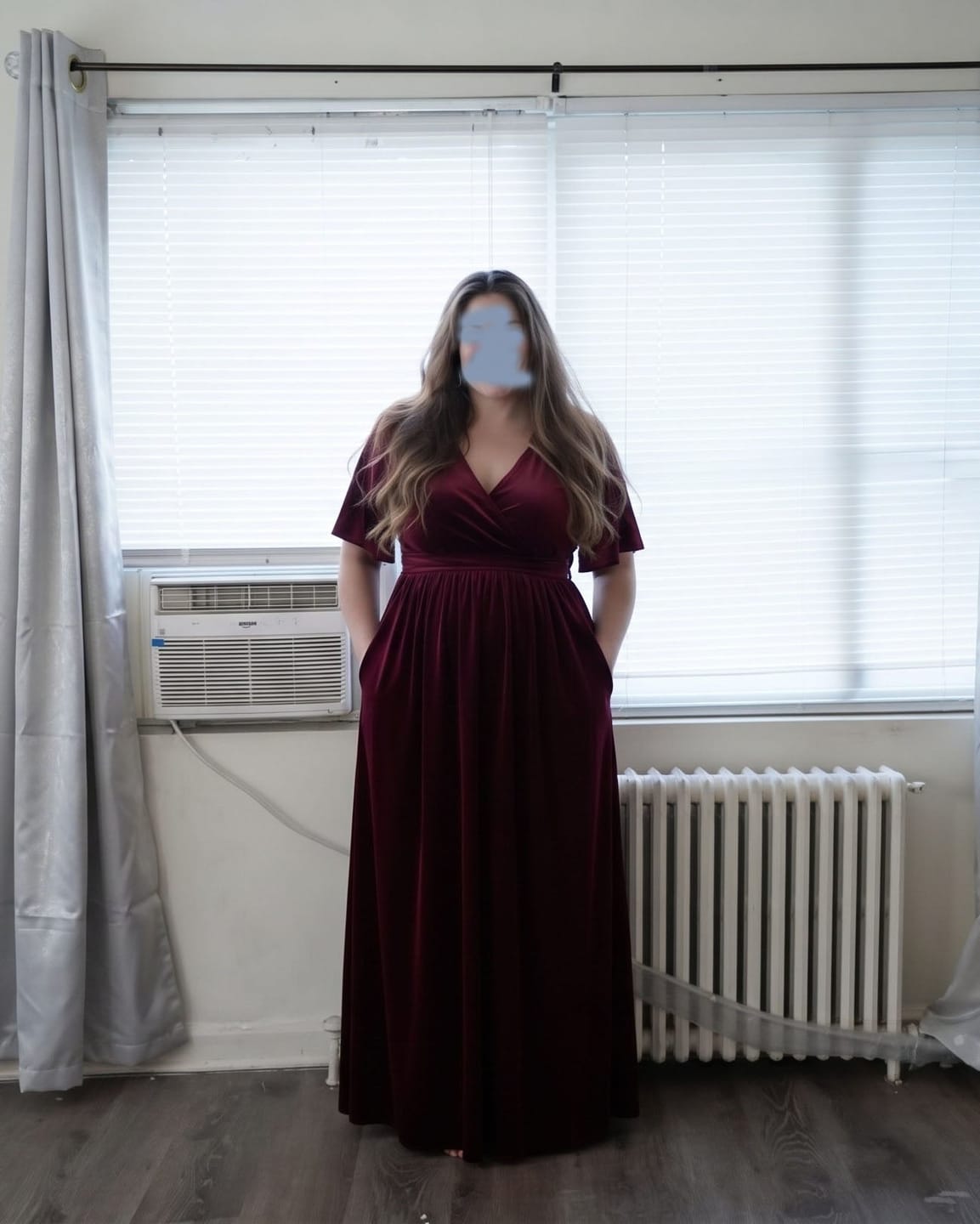 Customer photo review of V-Neck Flutter-Sleeve Velvet Maxi Dress