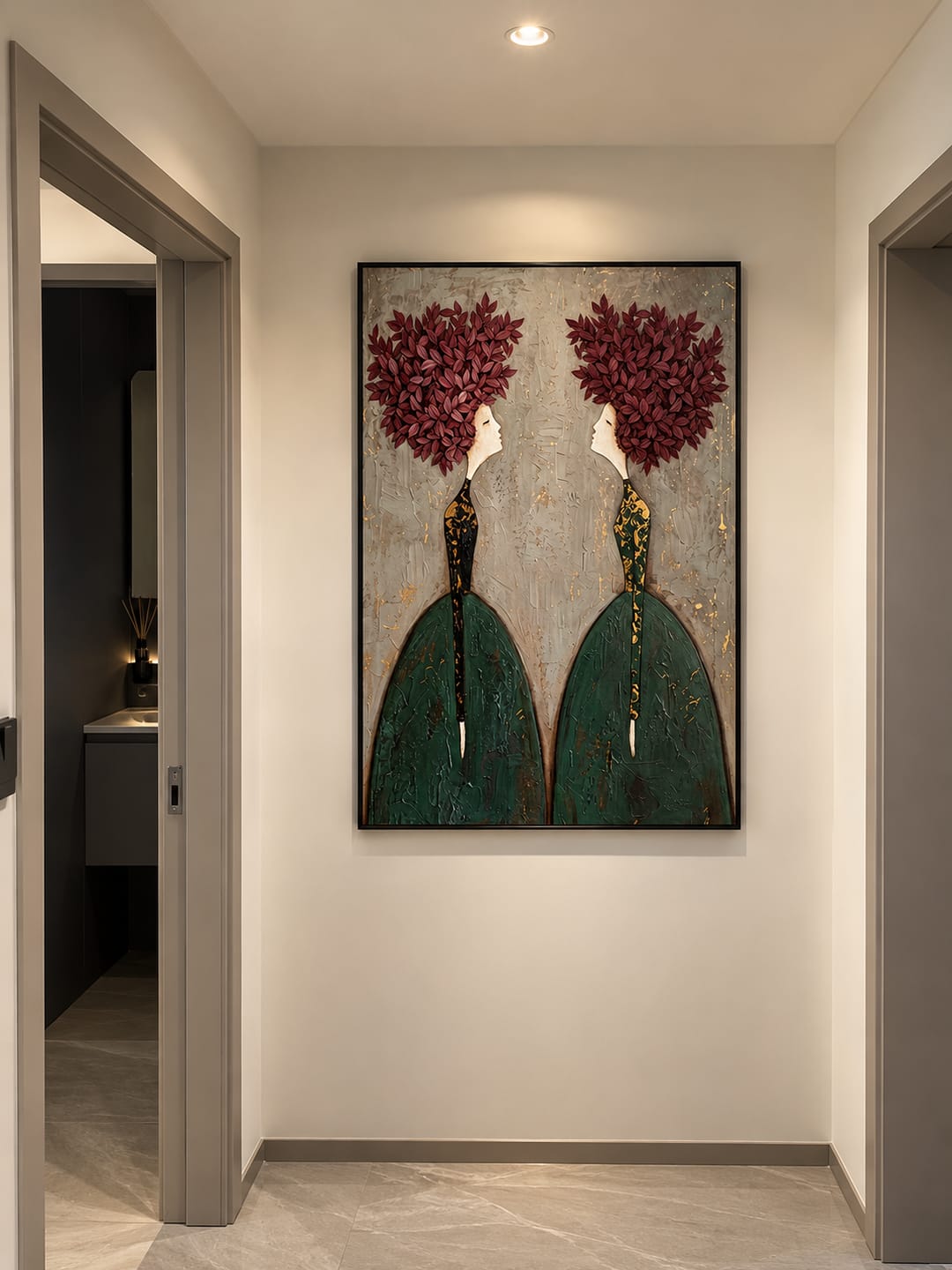 Customer photo review of "Botanical Reflection" – Modern Textured Green and Maroon Leaf Woman Figural Oil Painting