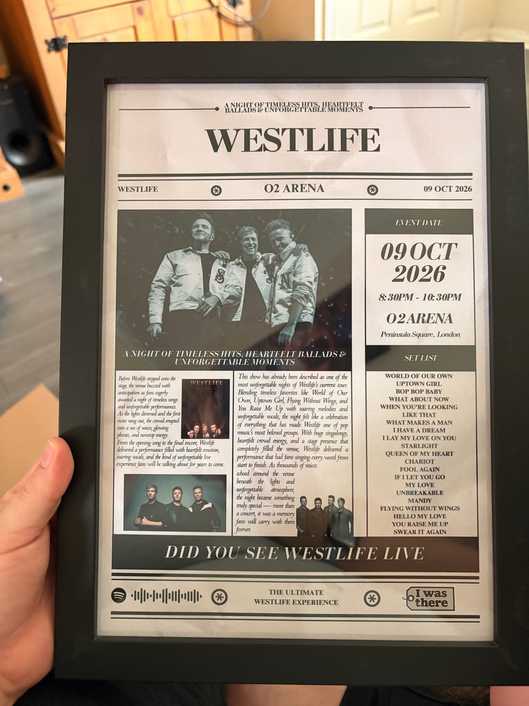Customer photo review of Westlife - Personalised Newspaper Style Concert Poster