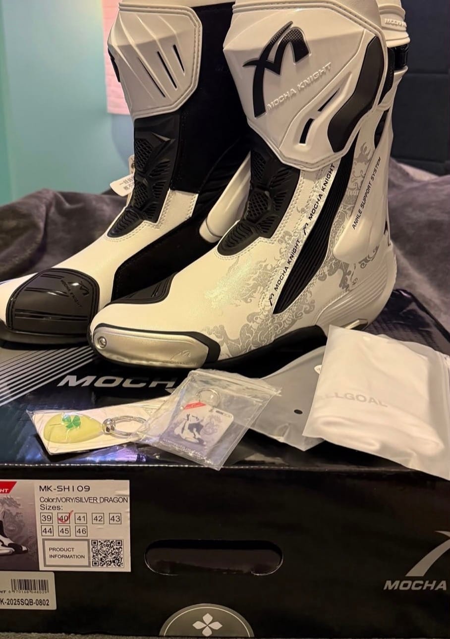 Customer photo review of White Motorcycle Boots – Silver Dragon Edition