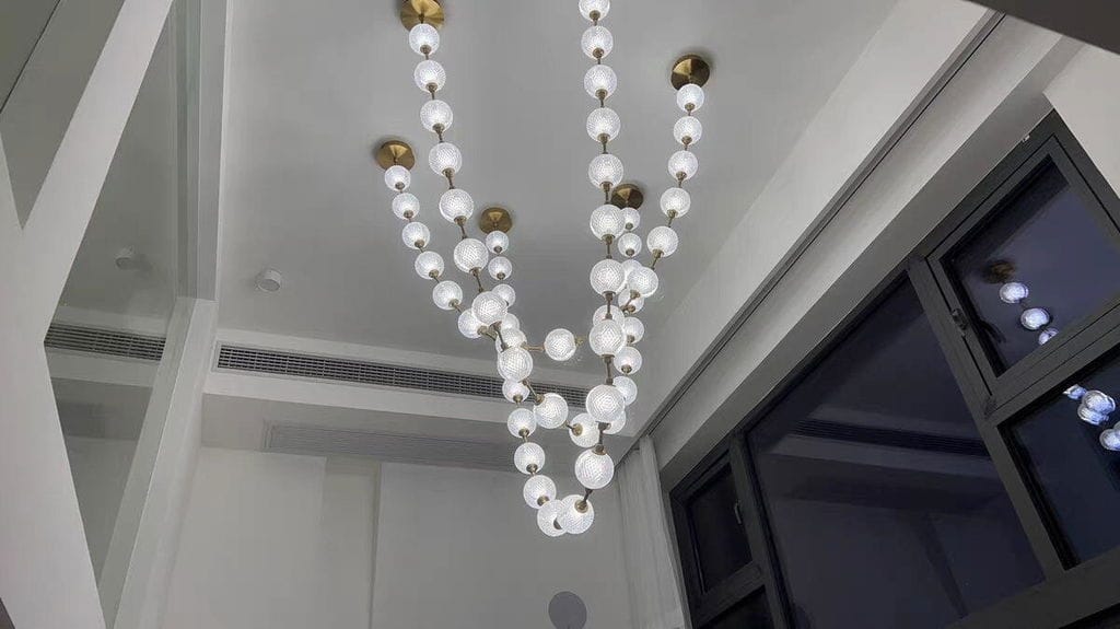 Customer photo review of Gold Pendant Light, Acrylic Sphere Strands, Integrated LED, Swag