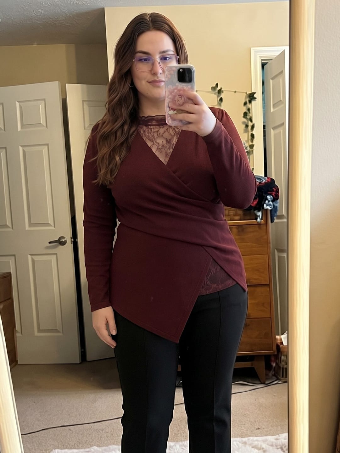 Customer photo review of Wrap-Style Top with Sheer Lace Neckline and Asymmetrical Hem
