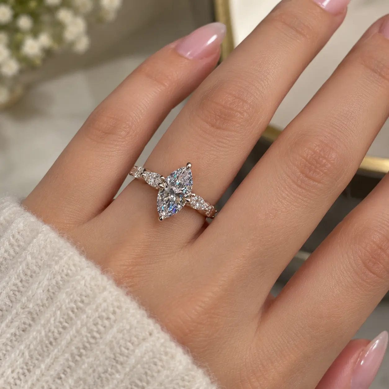Customer photo review of 2.5 CT Marquise Cut Lab Grown Diamond Hidden Halo Engagement Ring