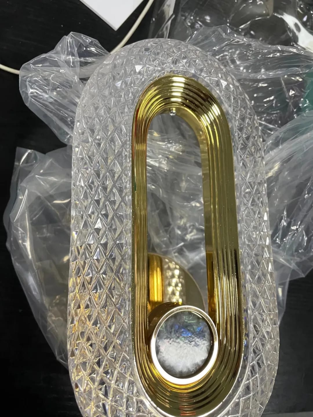 Customer photo review of Gold Wall Light, Patterned Acrylic Arc, Wall Sconce, 20–24 cm
