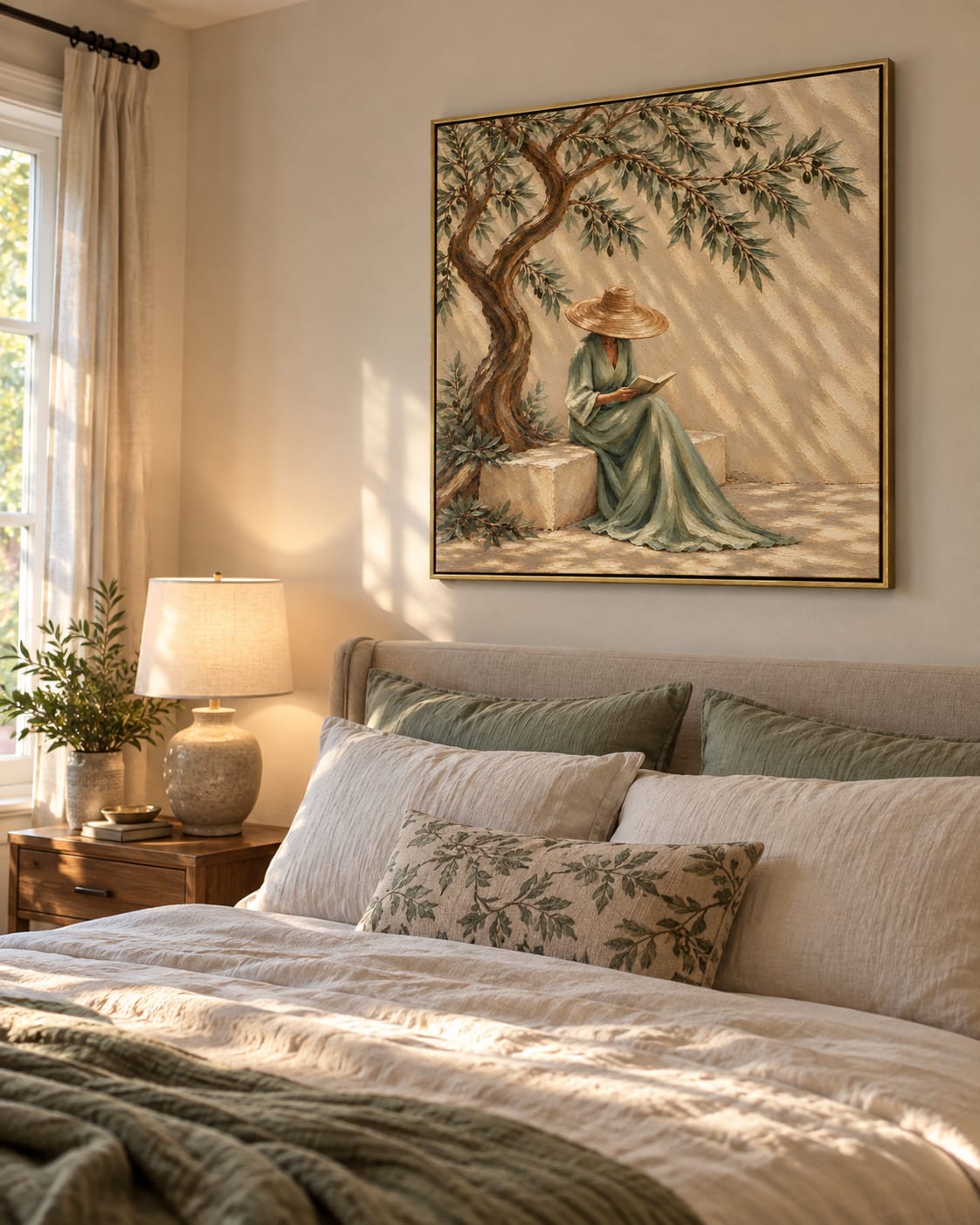 Customer photo review of "Serenade in Olive Shade" – Mediterranean Wabi-Sabi Sage Green Lady Reading Textured Acrylic Painting