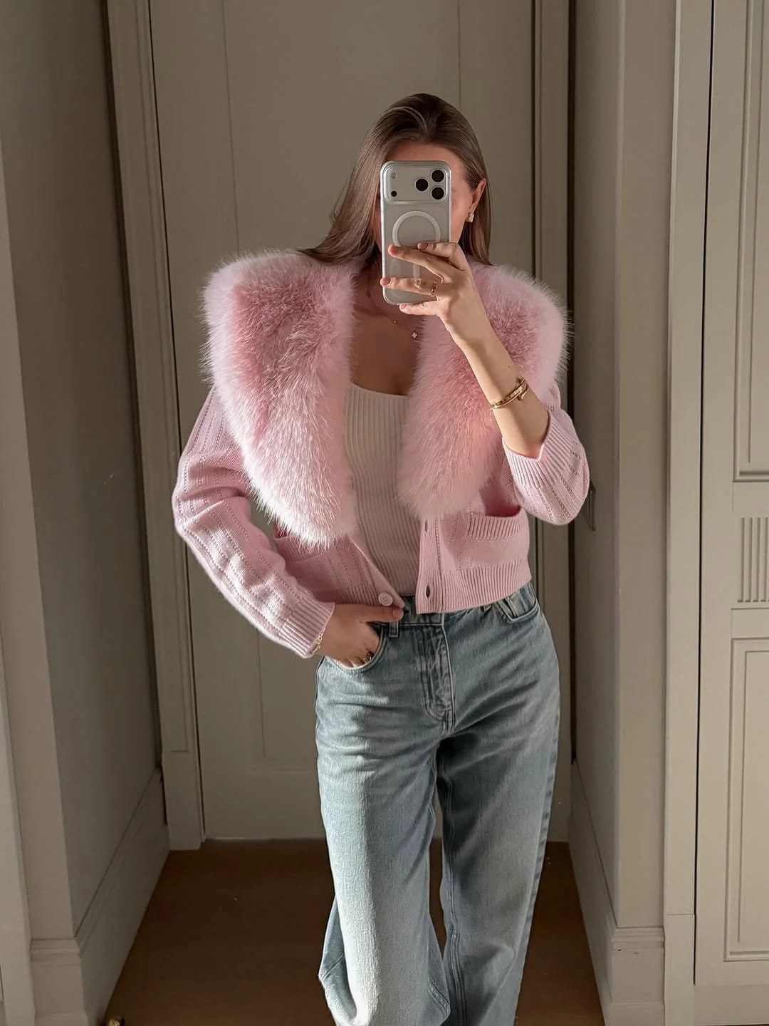 Customer photo review of Ella Faux Fur Collar Cropped Knit Cardigan