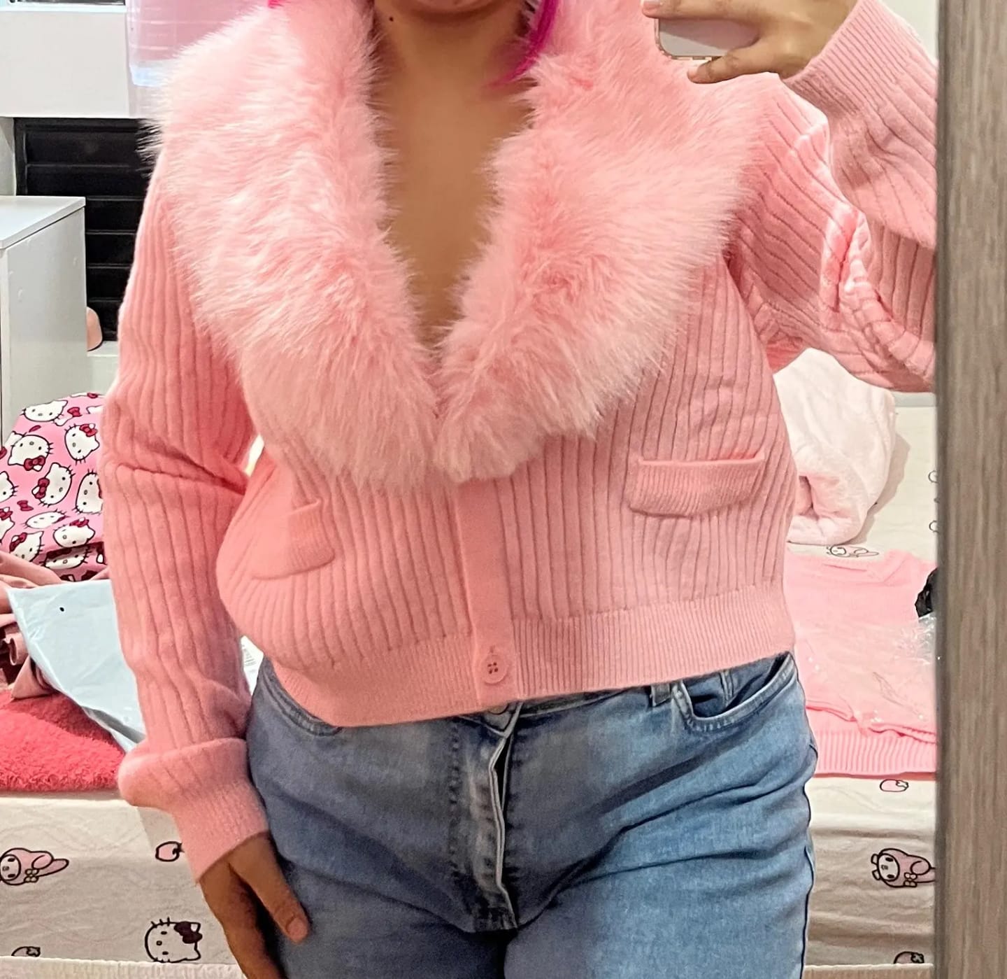 Customer photo review of Ella Faux Fur Collar Cropped Knit Cardigan