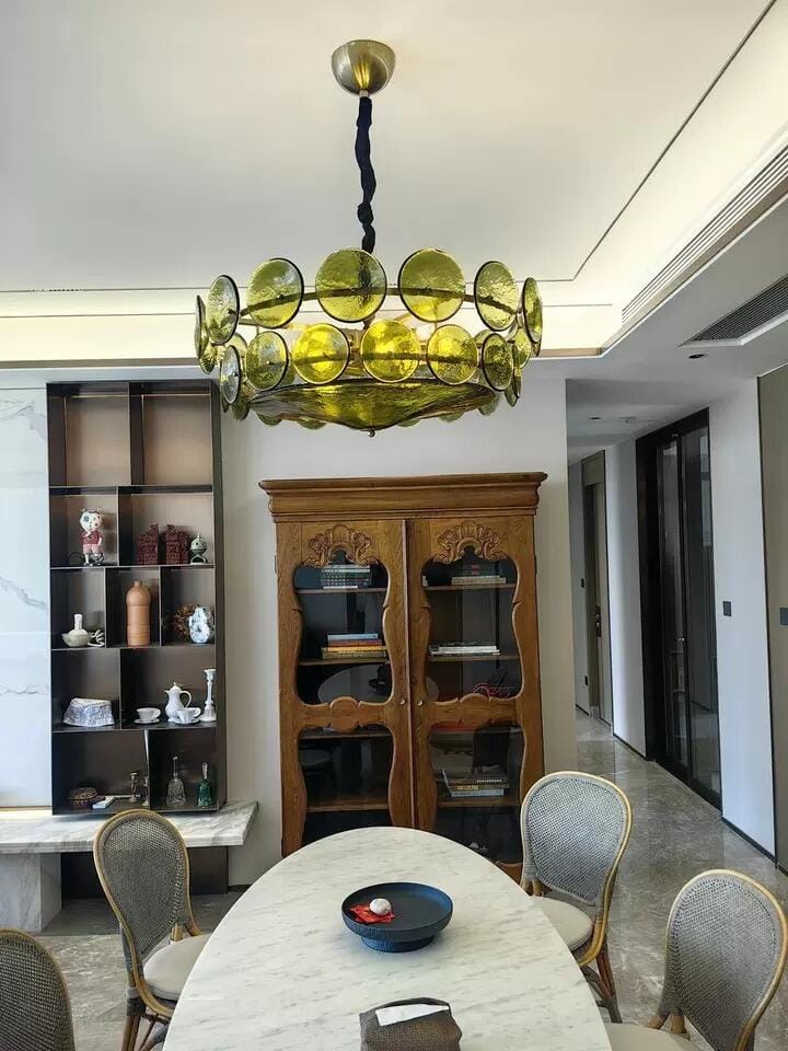 Customer photo review of Gold Pendant Light, Two-Tier Textured Glass Disc Chandelier