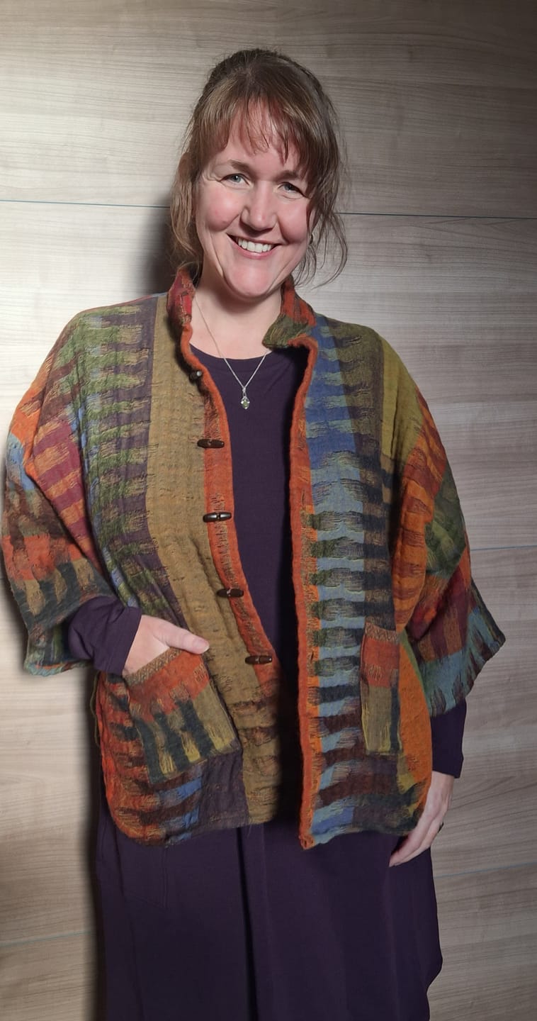 Customer photo review of Reversible 100% Australian Merino Wool Kimono Jacket – Morocco Autumn