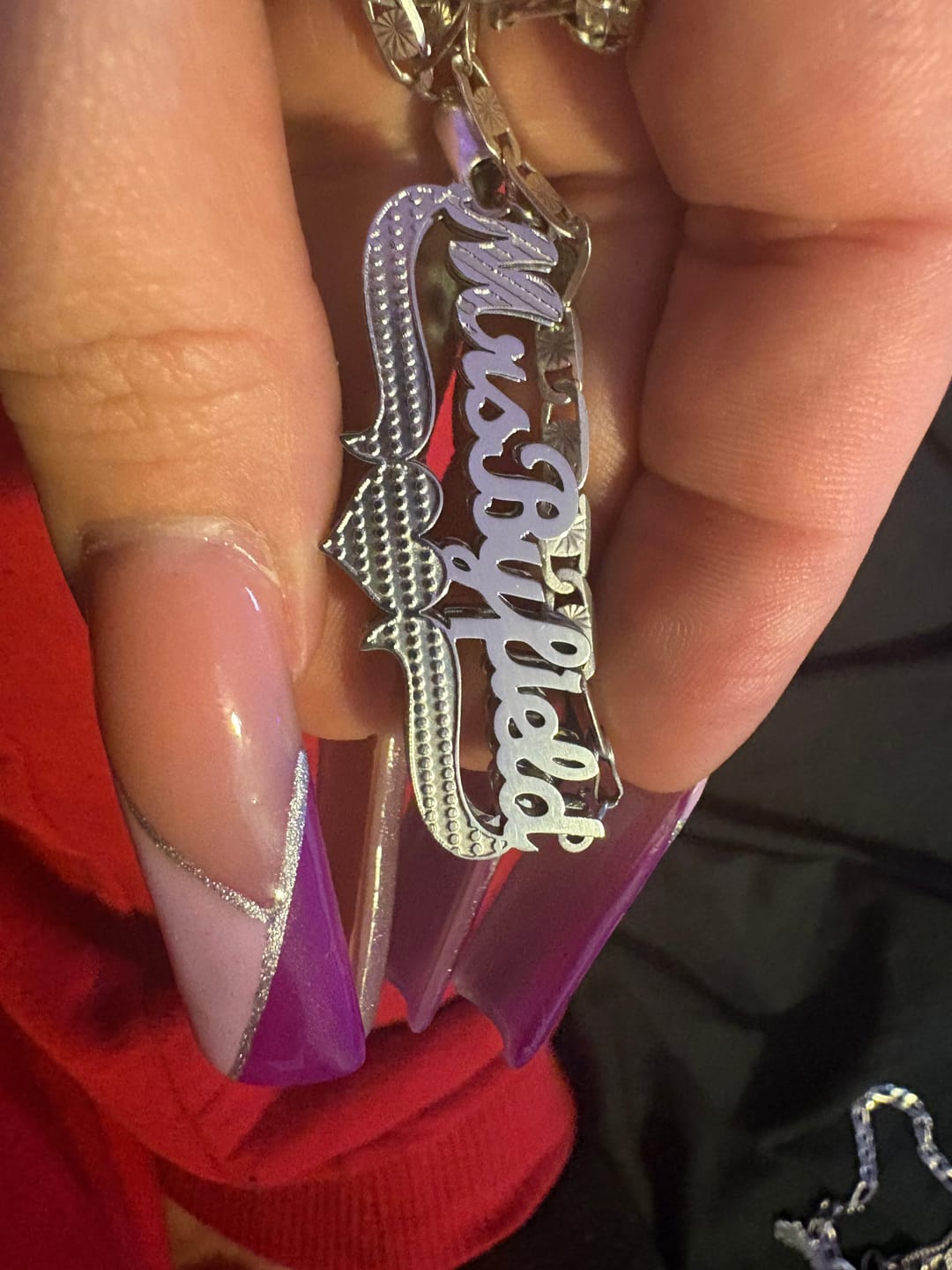 Customer photo review of Double Plated Script Name Necklace w/ Figaro Chain