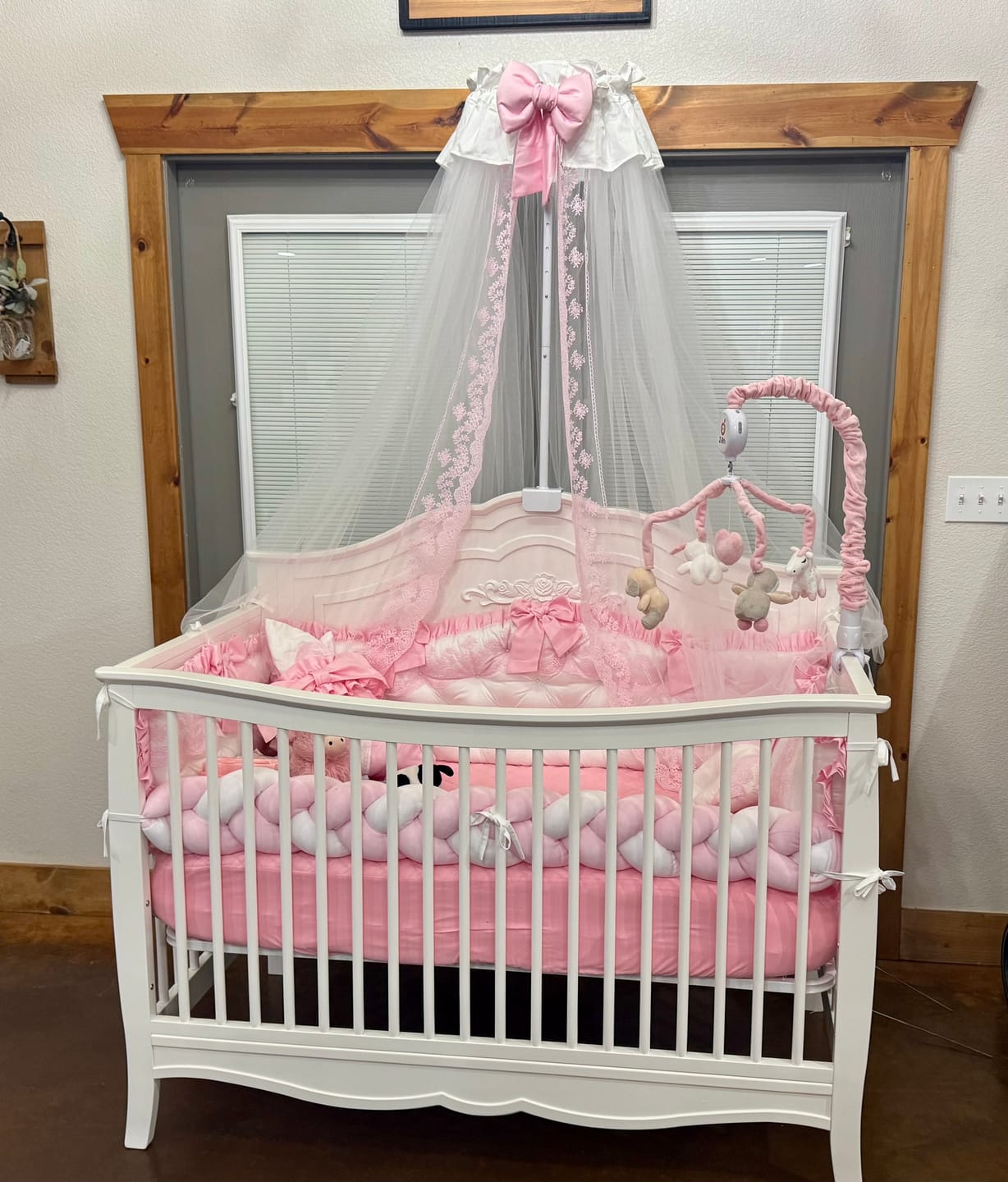 Customer photo review of Pink & White Baby Bedding Set - 8 Piece Luxury Crib Collection with Canopy