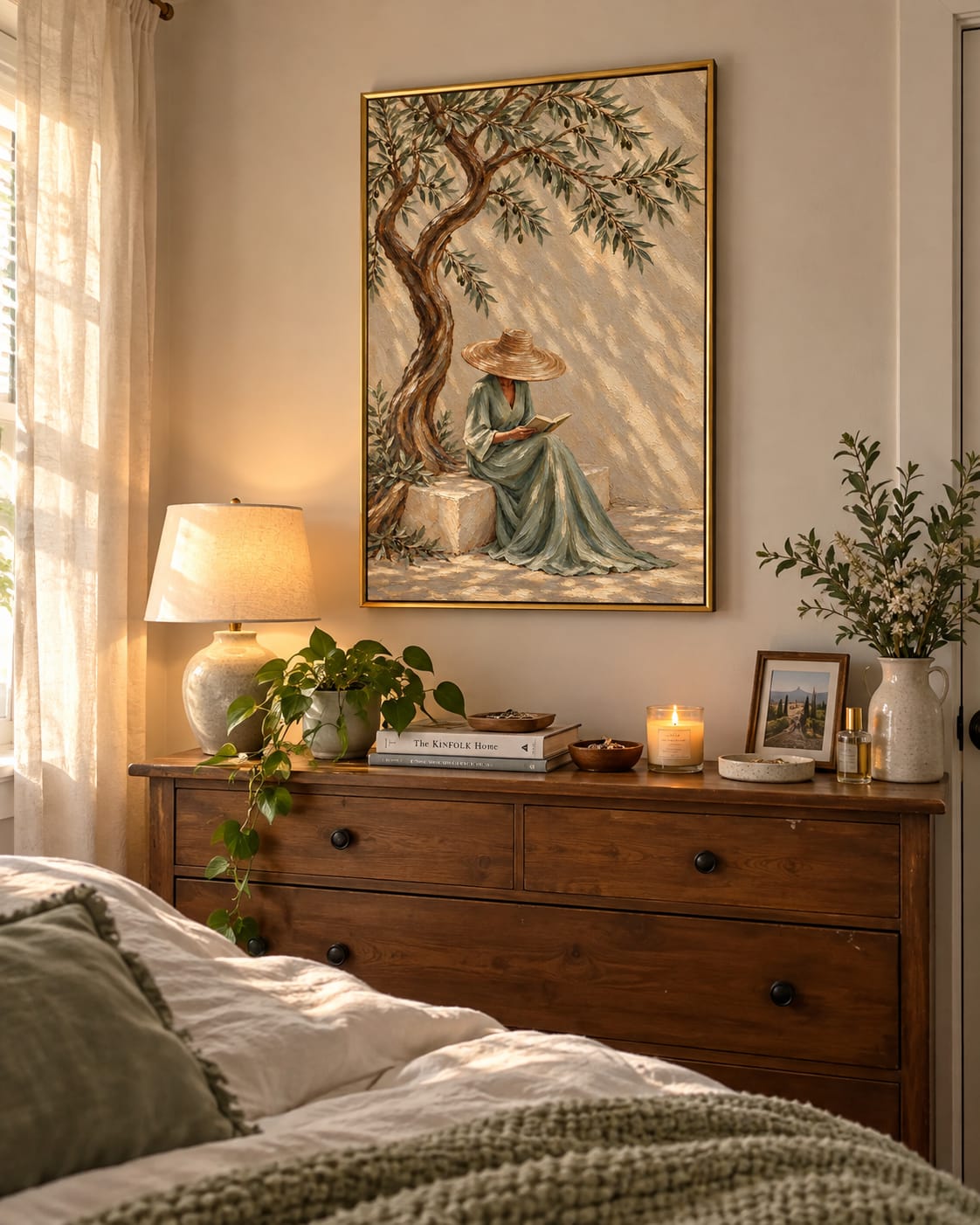Customer photo review of Serenade in Olive Shade" – Mediterranean Wabi-Sabi Sage Green Lady Reading Textured Acrylic Painting