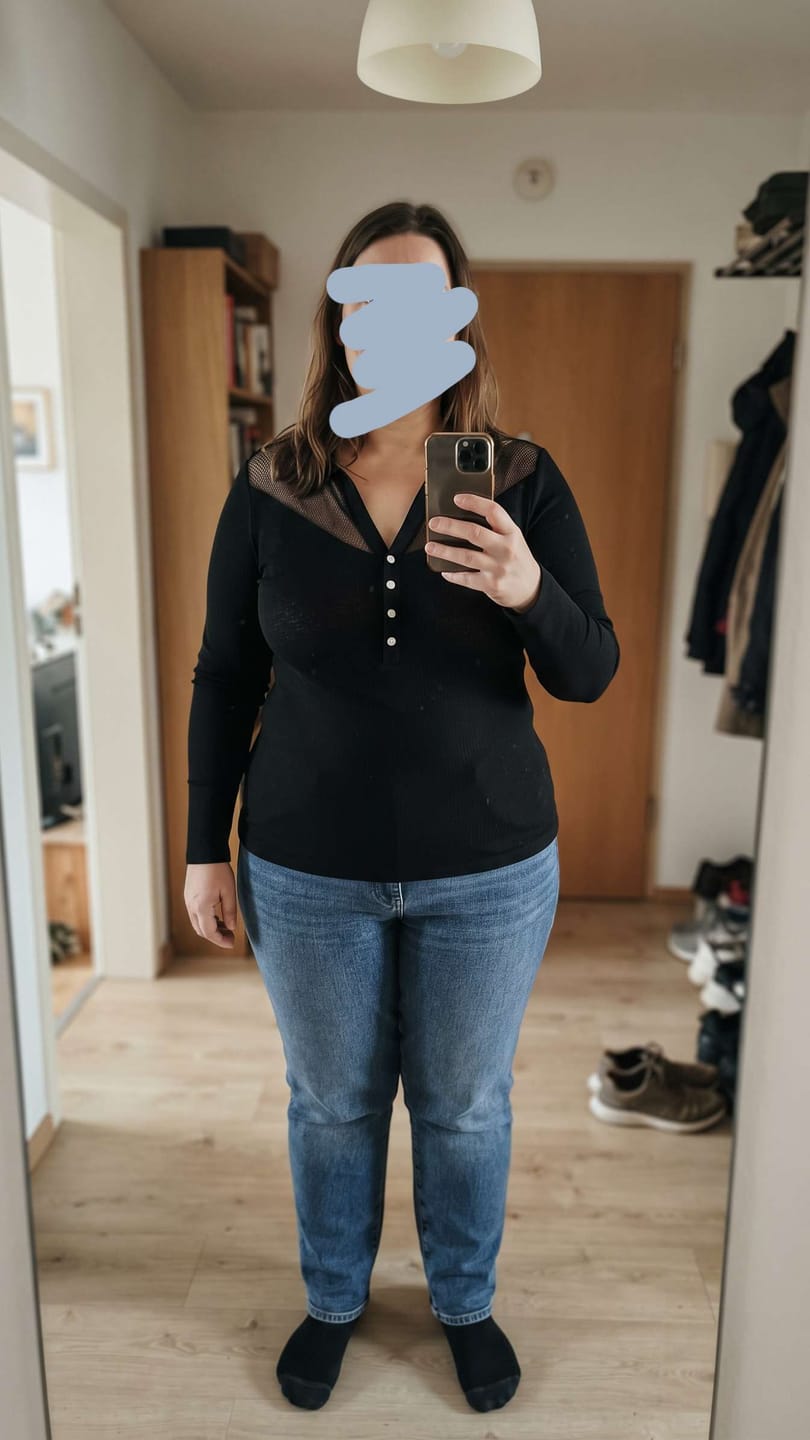 Customer photo review of Mesh-Paneled Collared Knit Top