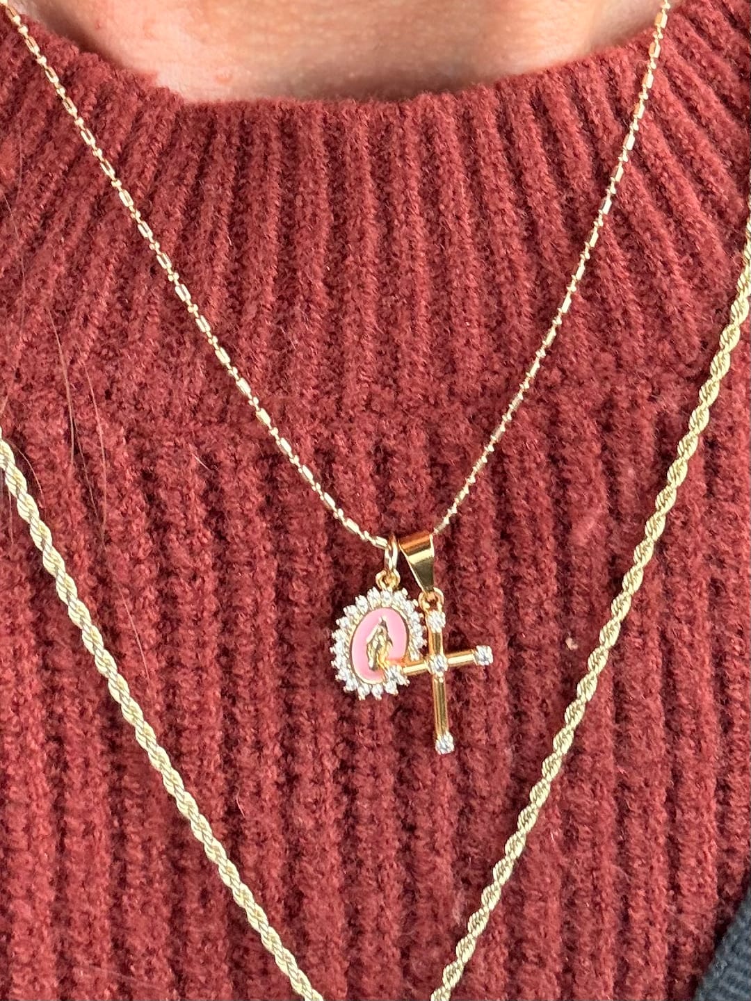 Customer photo review of Virgin Maria Multi-Charm Necklace - Baby Pink