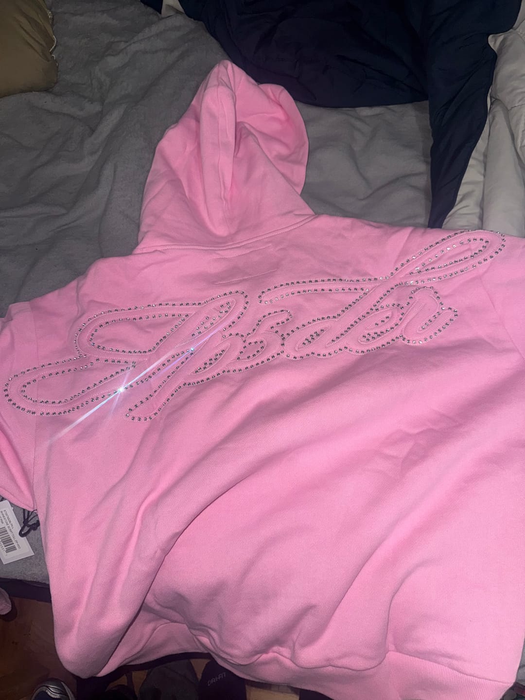 Customer photo review of Sp5der Rhinestone Script Zip Up Hoodie Light Pink