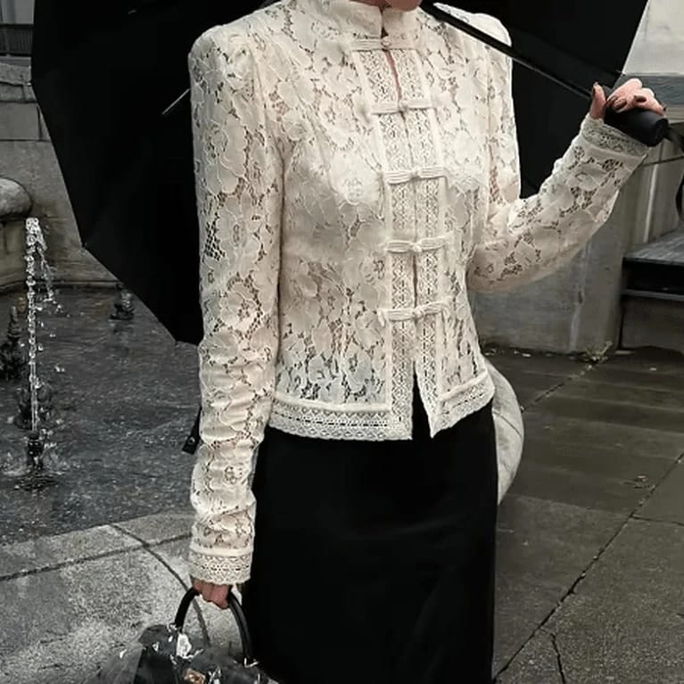 Customer photo review of Elodie Lace Crochet Stand-Collar Blouse