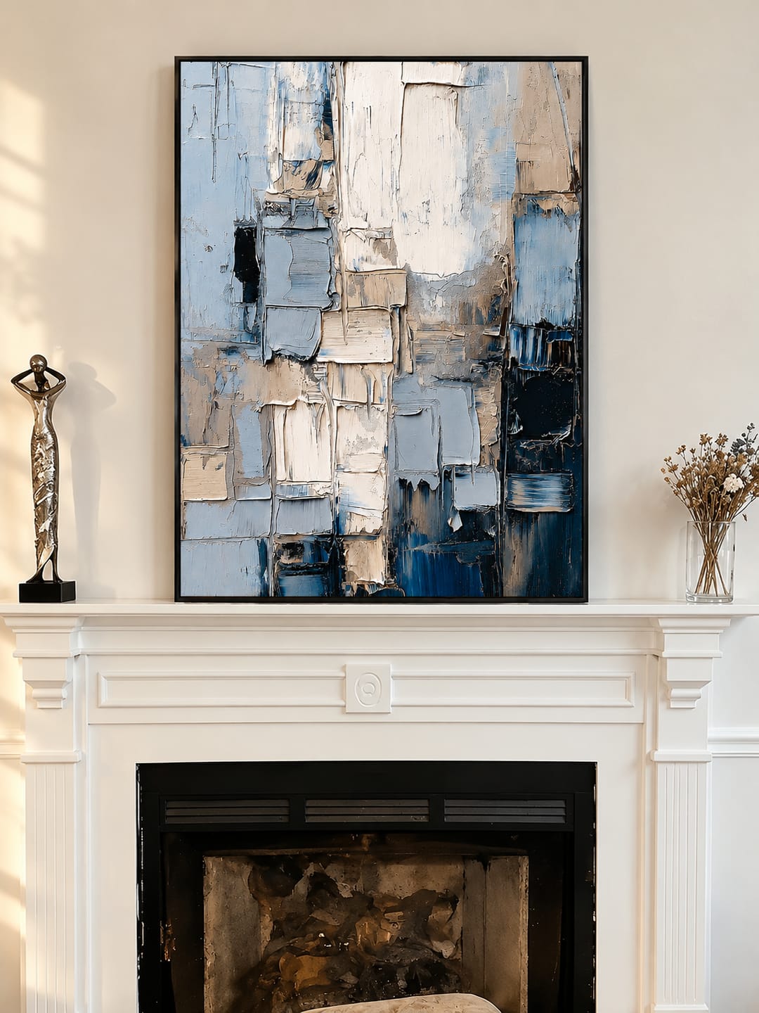 Customer photo review of "Whispering Slate" – Minimalist Blue and Beige Textured Palette Knife Abstract Painting
