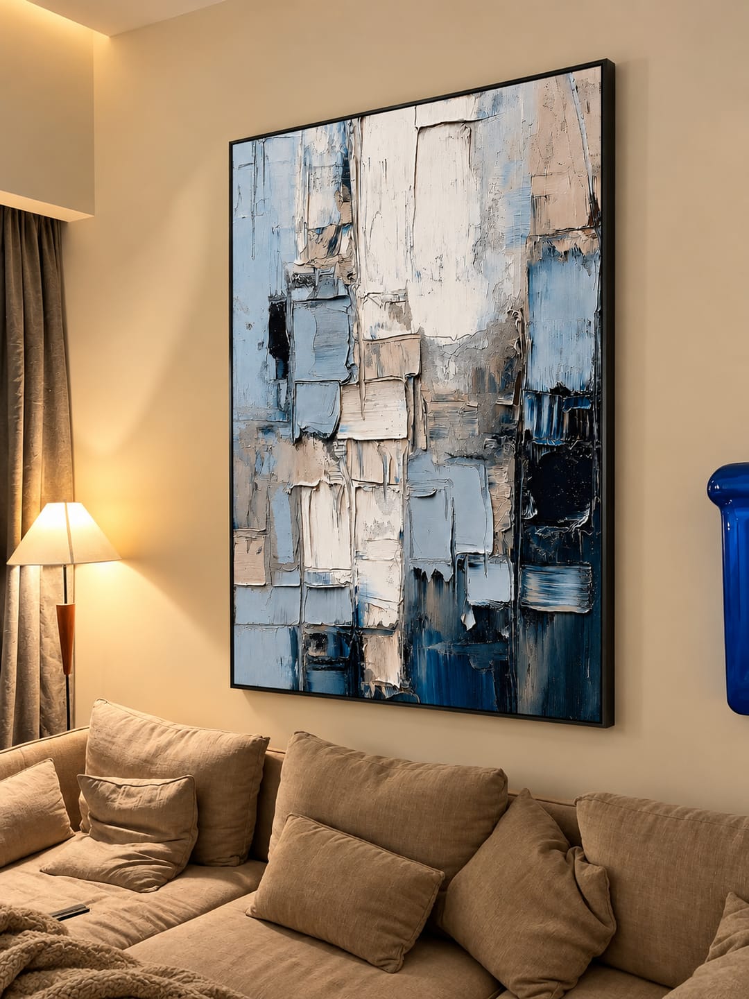 Customer photo review of "Whispering Slate" – Minimalist Blue and Beige Textured Palette Knife Abstract Painting