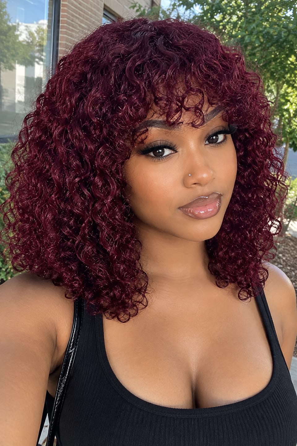 Customer photo review of Luvwin Dark Red Water Wave Glueless Short Bang Lace Wig