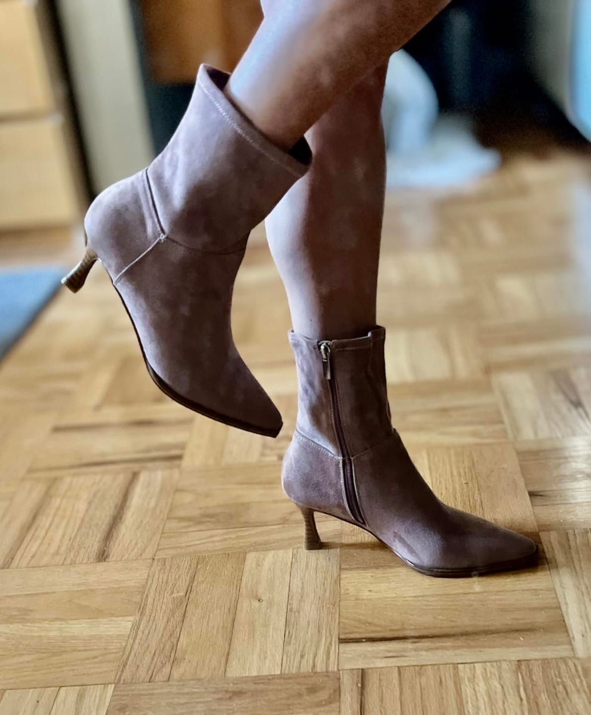 Customer photo review of Coutgo Womens Faux Suede Ankle Boots with Pointed Toe and Kitten Heels