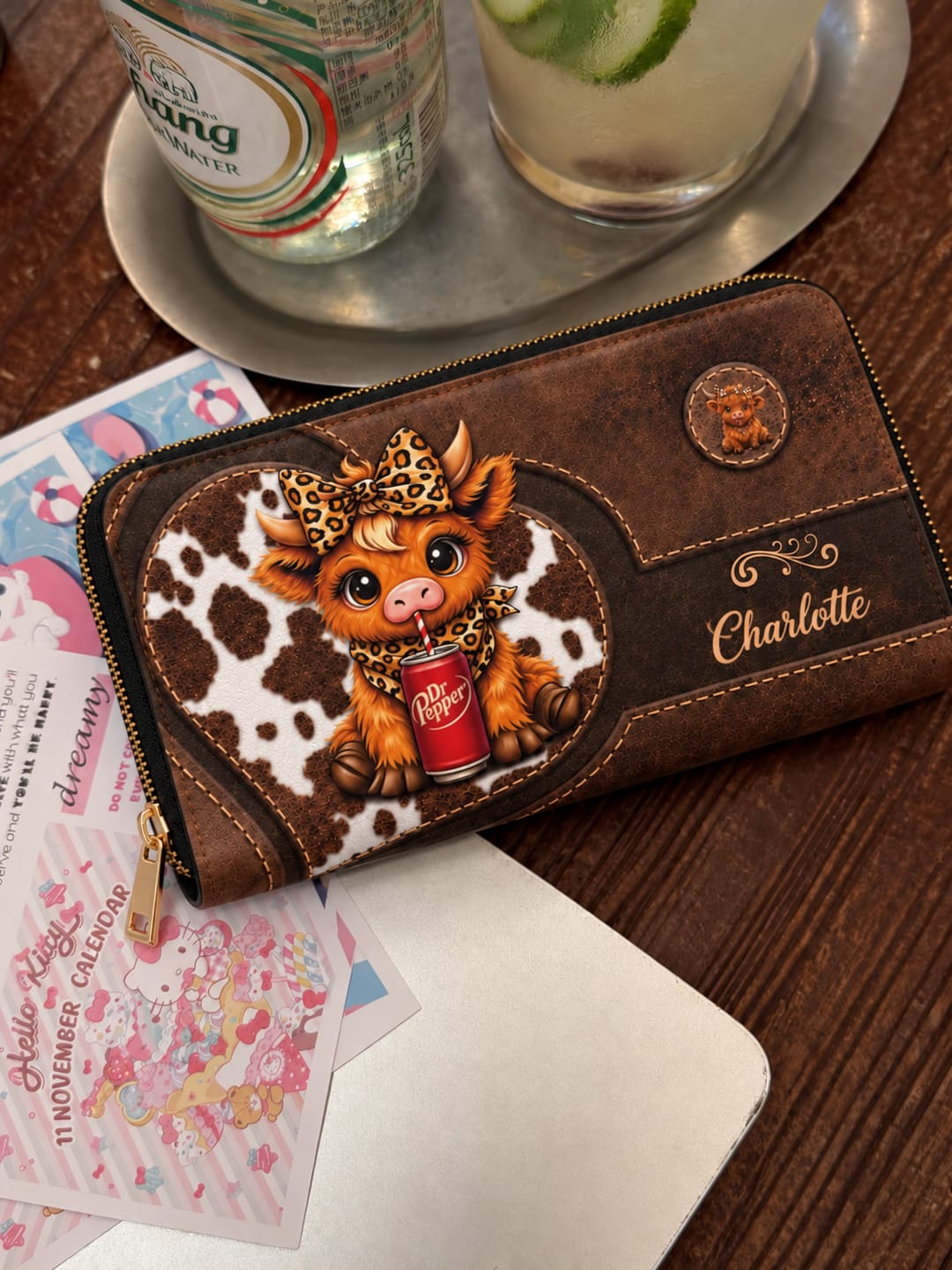 Customer photo review of Personalized Cute Highland Cow PU Leather Wallet, Custom Name Zipper Long Wallet, Cartoon Highland Cow Purse, Birthday Gift for Her