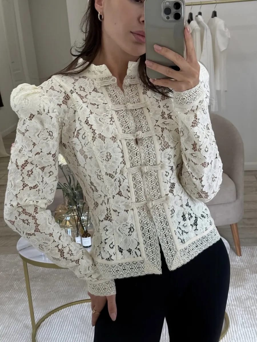 Customer photo review of Elodie Lace Crochet Stand-Collar Blouse