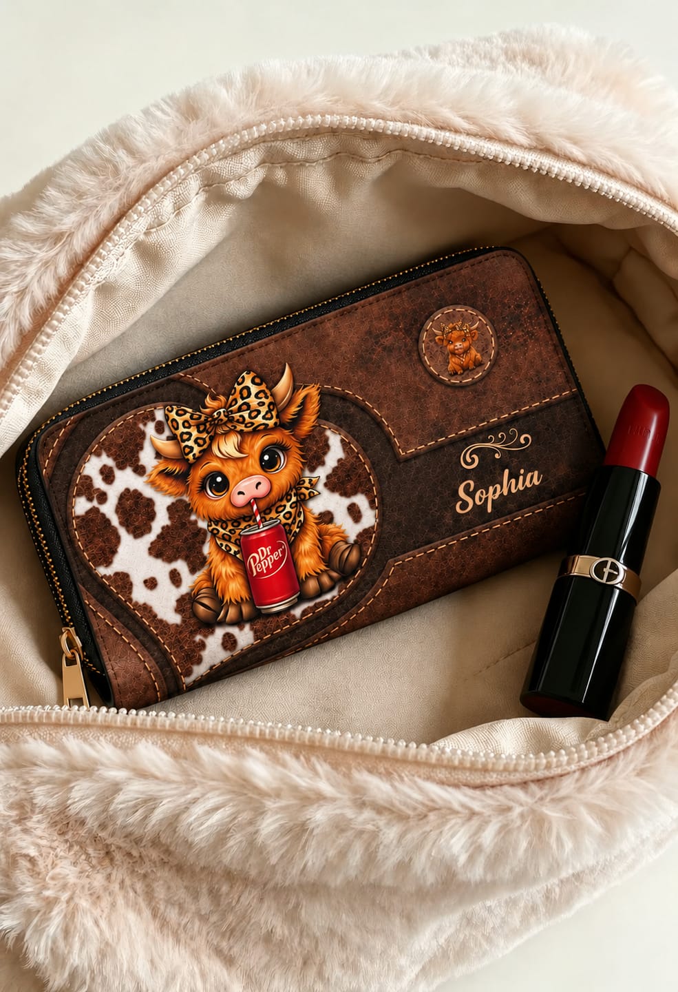 Customer photo review of Personalized Cute Highland Cow PU Leather Wallet, Custom Name Zipper Long Wallet, Cartoon Highland Cow Purse, Birthday Gift for Her