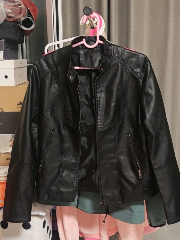 Customer photo review of Women's Faux Leather Zipper Jacket,  Motorcycle Stand Collar Short PU Outer Slim Jacket