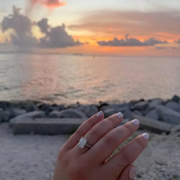 Customer photo review of 5 CT Radiant Cut Lab Grown Diamond Hidden Halo Pavé Ring with Milgrain Detail
