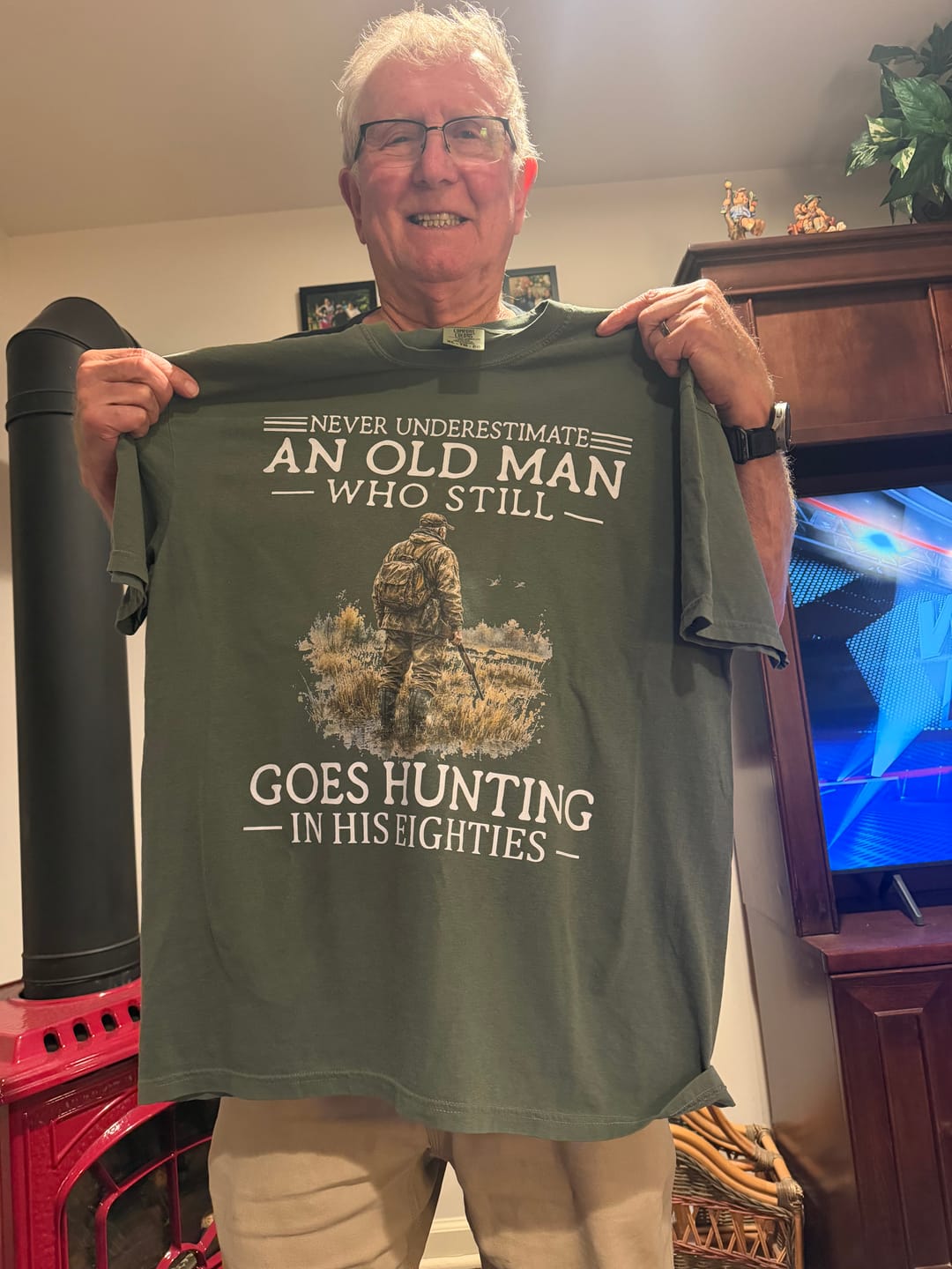 Customer photo review of Personalized Never Underestimate An Old Man Hunting T-Shirt