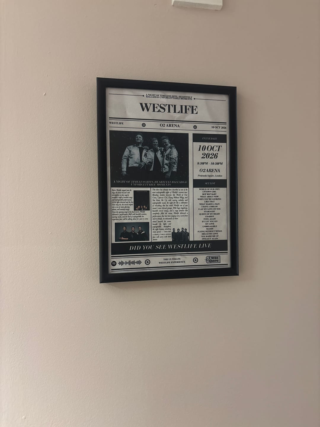 Customer photo review of Westlife - Personalised Newspaper Style Concert Poster