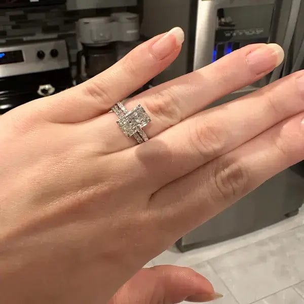 Customer photo review of 4 CT Radiant Cut Lab Grown Diamond Hidden Halo Engagement Ring with French Pavé Band