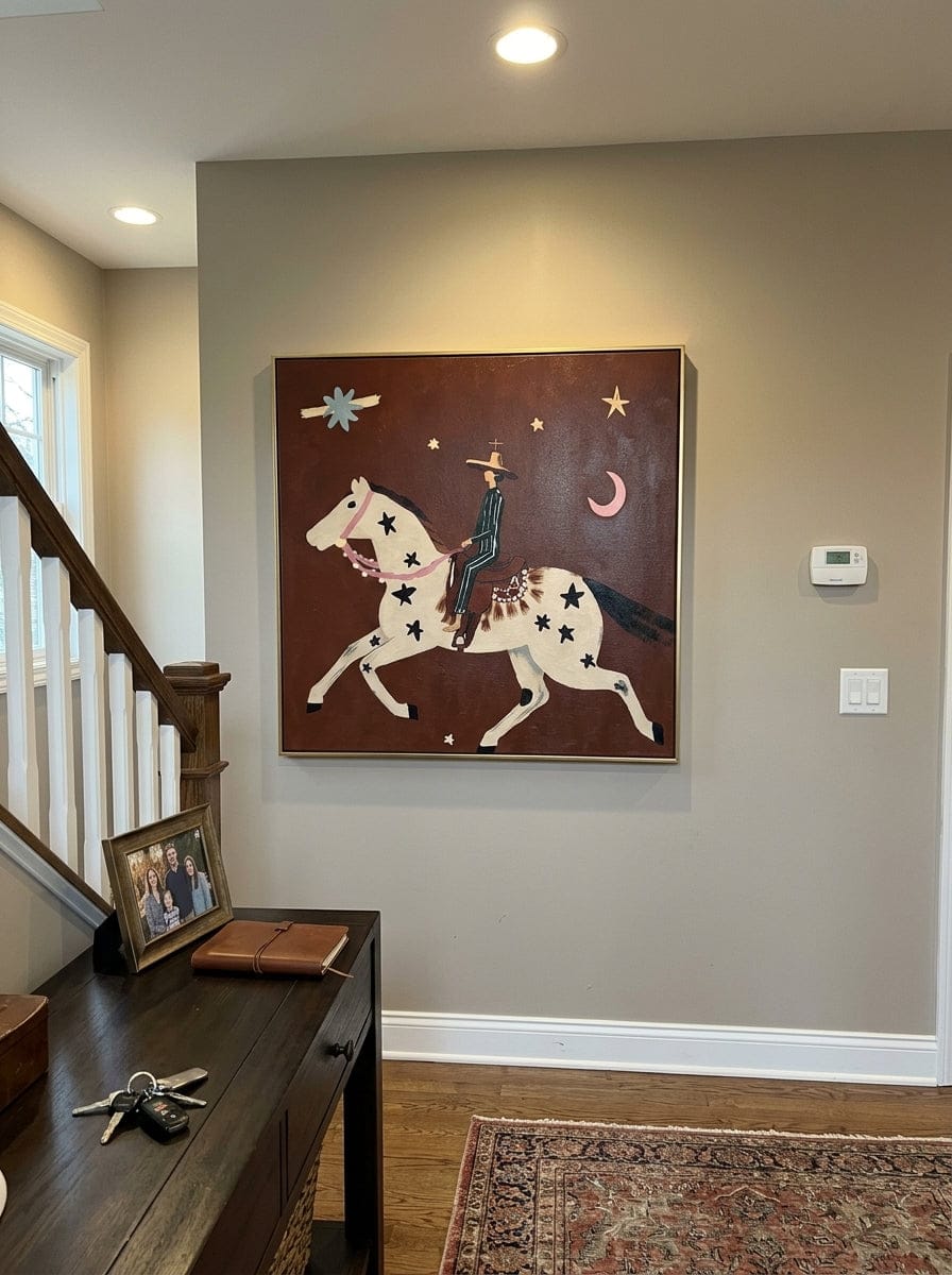 Customer photo review of "Moonlit Rider" - Whimsical Horse & Cowboy Painting | Rust Red Western Animal Wall Art
