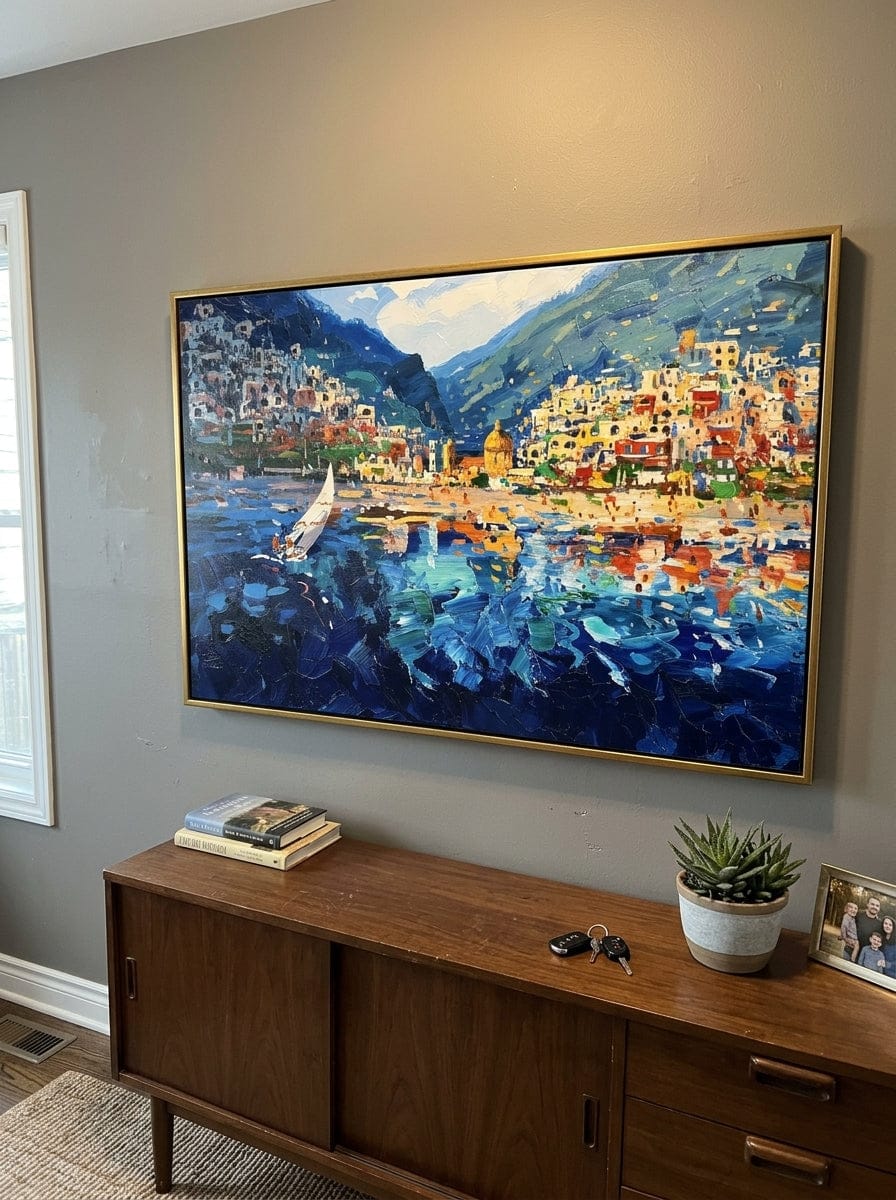 Customer photo review of "Harbor Mosaic" - Colorful Impasto Coastal Village Painting | Blue Green & Orange Mediterranean Wall Art