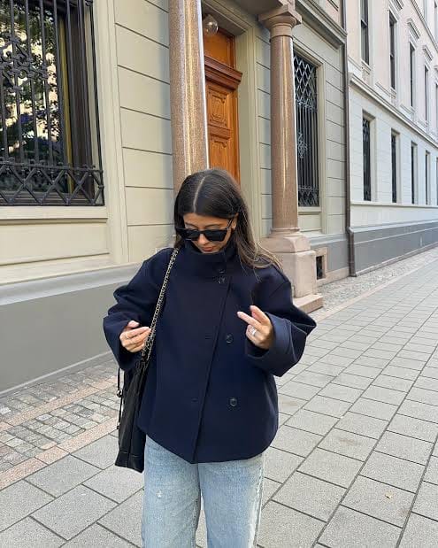 Customer photo review of Clara Cropped Stand-Collar Wool-Blend Jacket