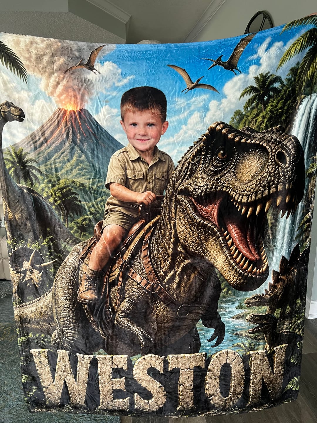 Customer photo review of Personalized Dinosaur Blanket | Their Photo, Their Adventure