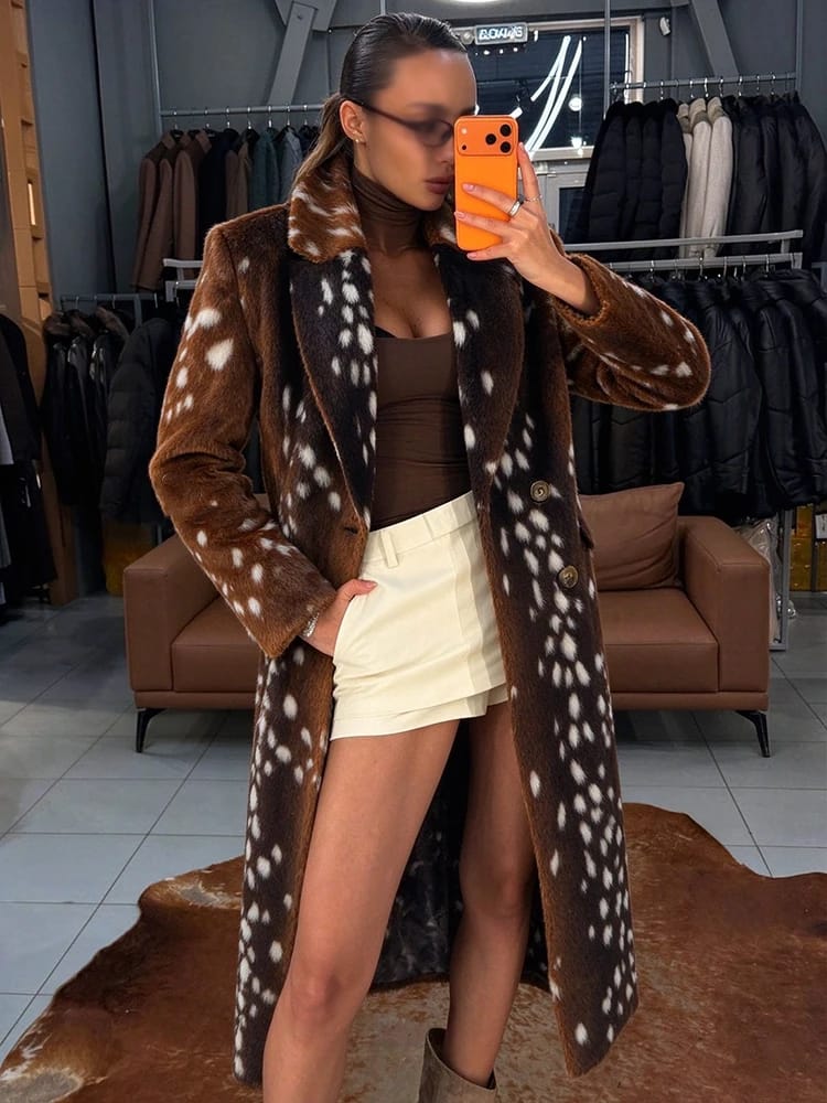 Customer photo review of Kate Fawn Print Faux Fur Long Coat