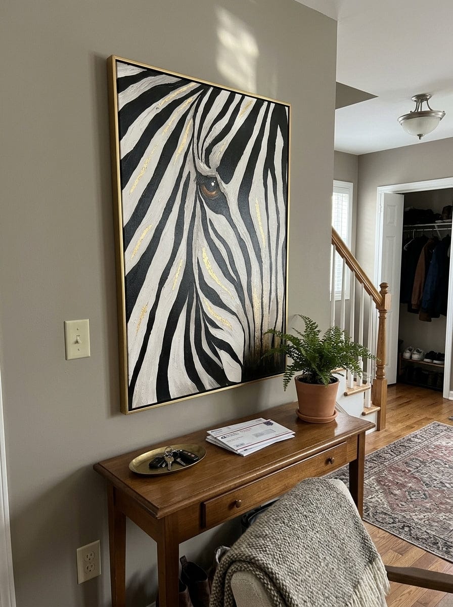 Customer photo review of "Golden Gaze" - Textured Zebra Portrait Painting | Black White & Gold Vertical Animal Wall Art