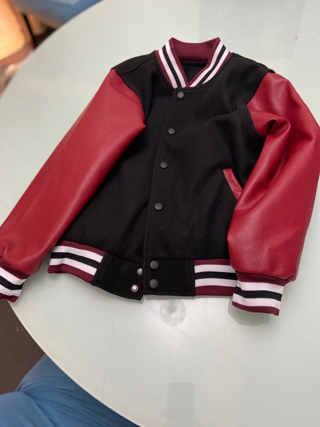 Customer photo review of Custom Burgundy Black Crimson Raglan Sleeves Varsity Full-Snap Leather Sleeves Letterman Jacket